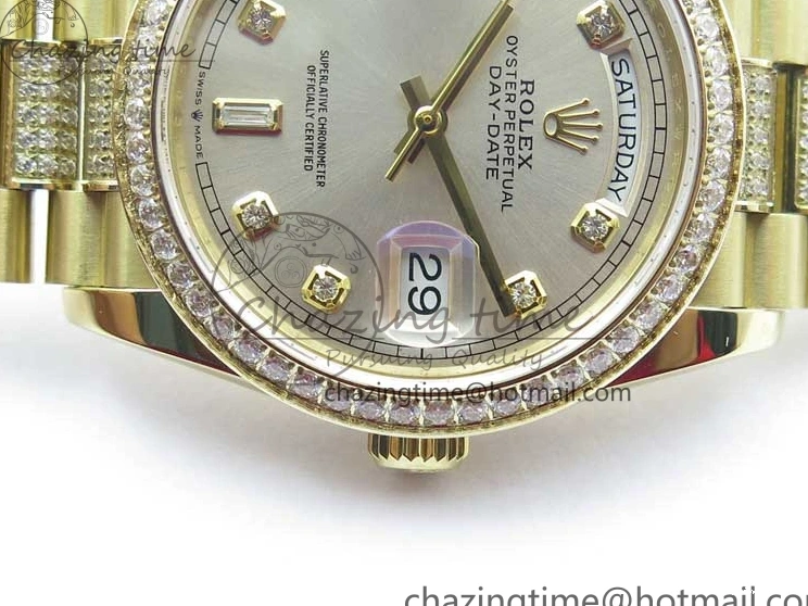 0212 DailyWear Day-Date 36mm 128235 YG Crystal BP Best Edition Silver Crystal Marker Dial on YG President Bracelet A 2676